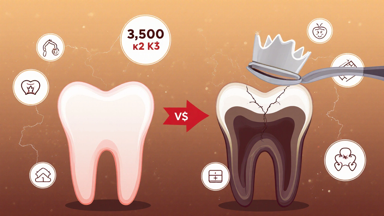 Comparison of healthy and infected tooth with cost indicators and crown placement.