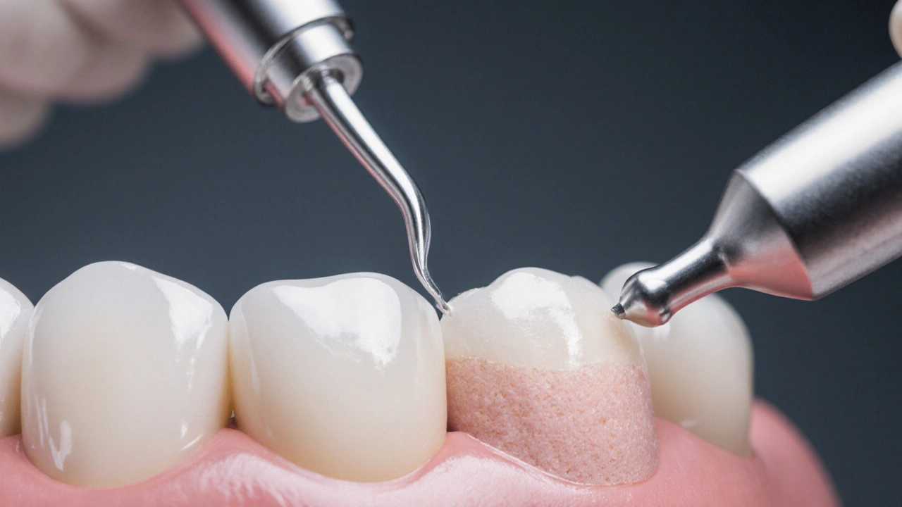 Detailní záběr na dentální nástroje při odstraňování kazu a aplikaci výplně.