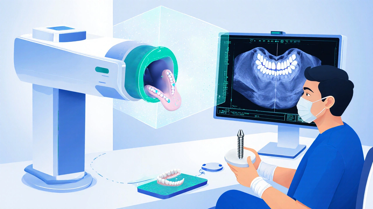 Digitální workflow v zubní klinice: CT, 3‑D model, skener a 3‑D tištěný model čelisti.