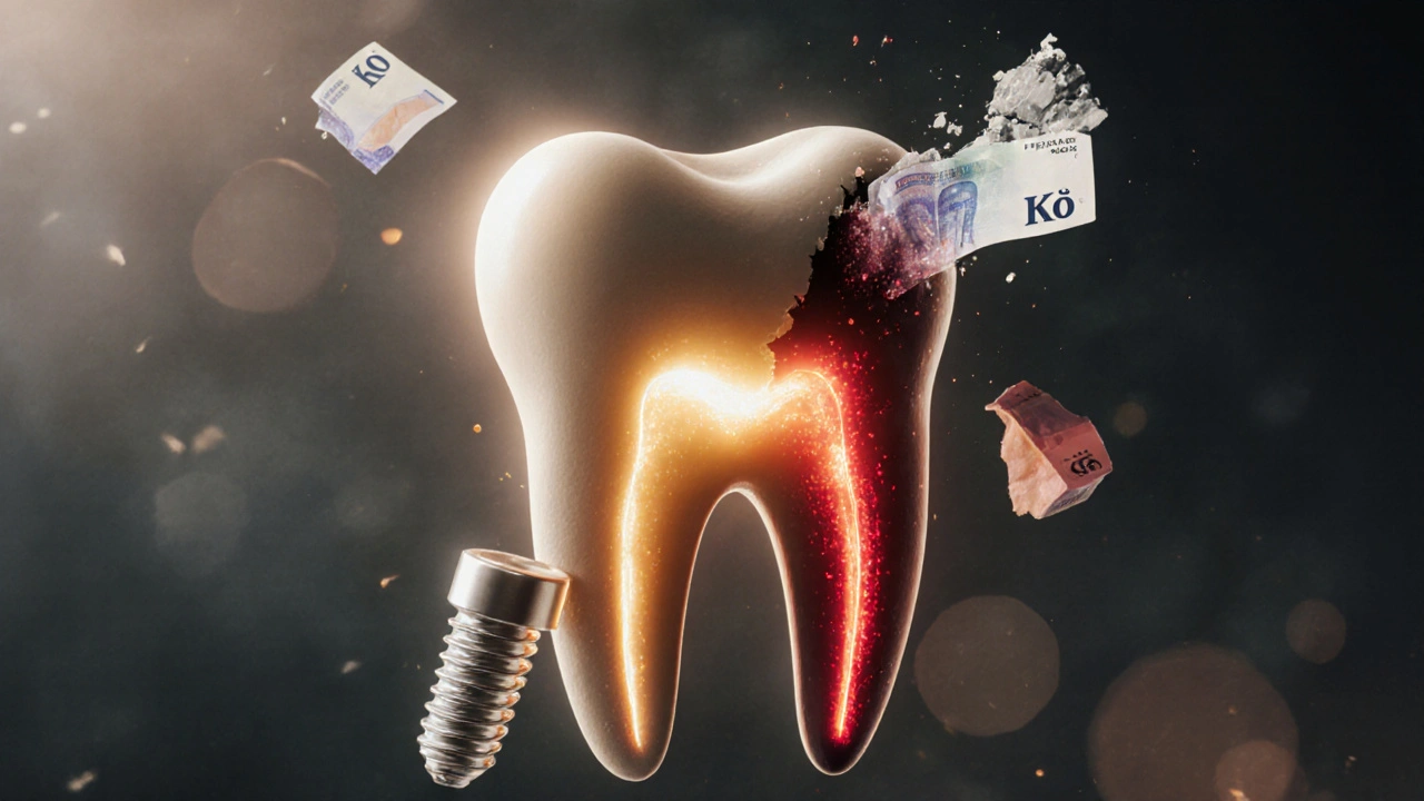 Glowing healthy root canal versus infected canal in a jawbone with currency symbols.