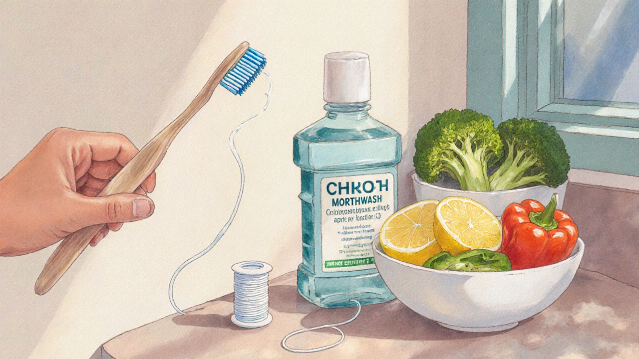 Ilustrace čisticí rutiny s měkkým kartáčkem, dentální nití a vitamínovými potravinami.