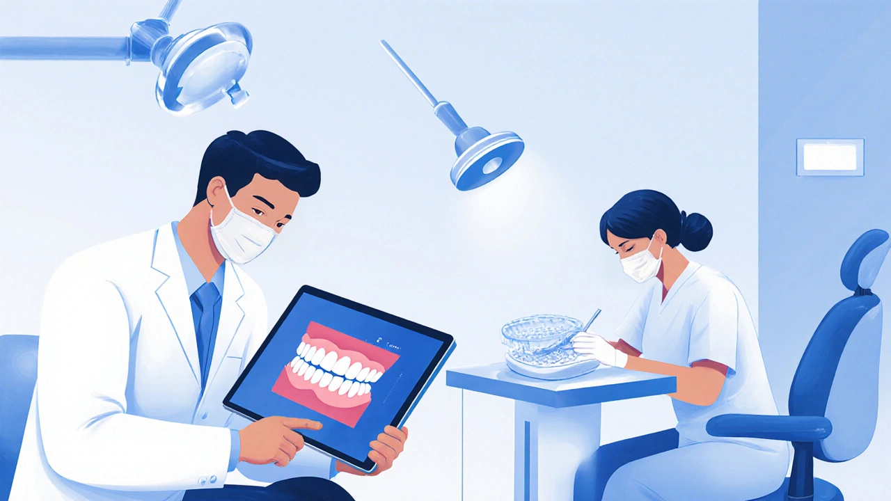Ilustrace kroků od konzultace po výrobu keramické fáze v laboratorním prostředí.