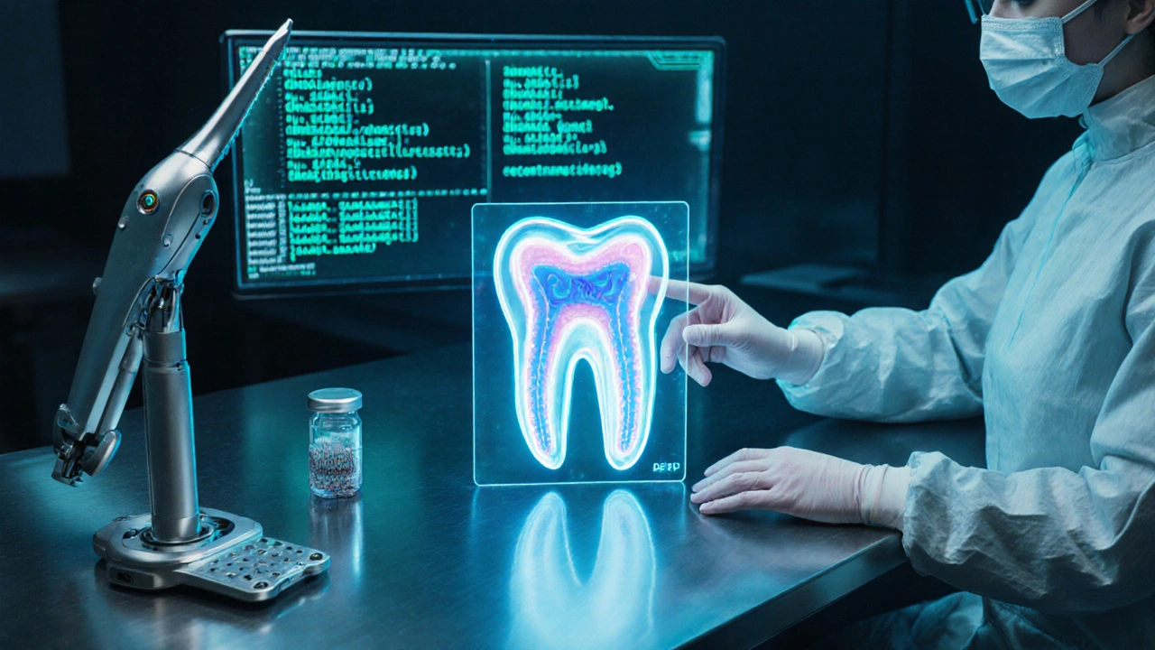 Laboratorní scéna s CRISPR nástrojem, buněčnou vzorkou a hologramem zubu.