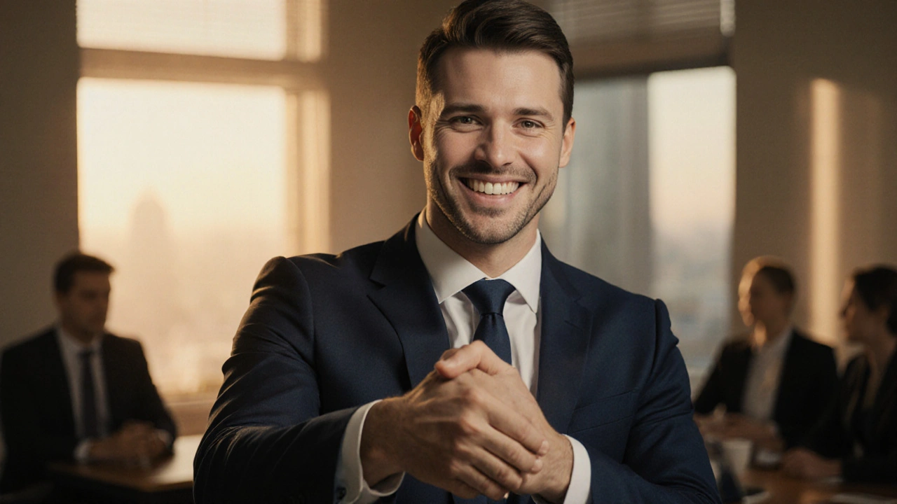 Muž v obleku se směje při podání ruky s novými fazetami na zubech.