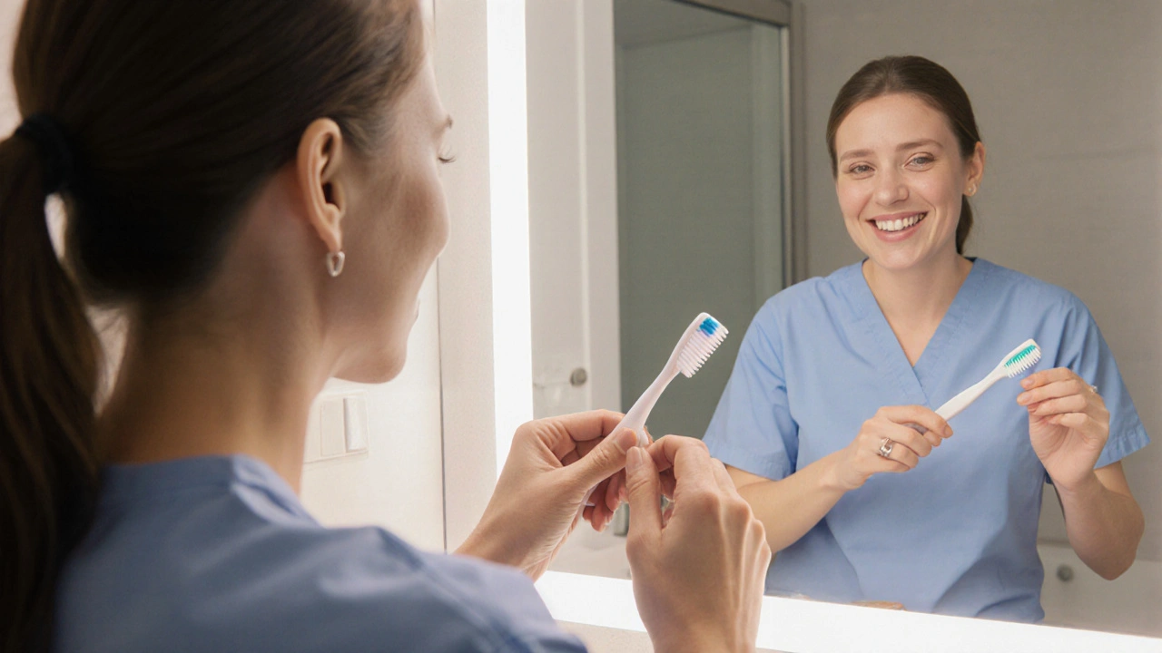 Pacient čistí lepený zub, zatímco dentální hygienistka kontroluje úsměv.