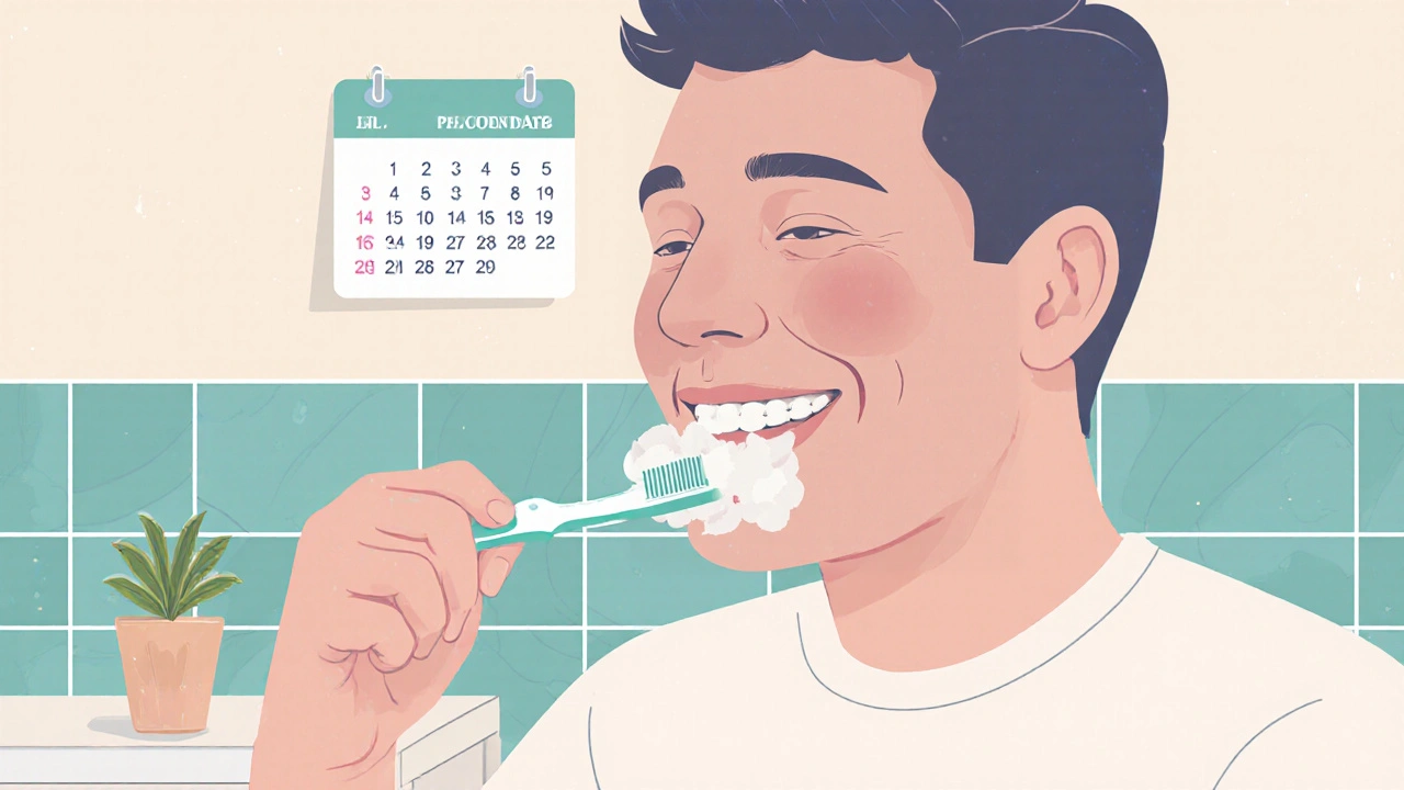 Pacient čistící zuby kolem implantátu, ukazující správnou ústní hygienu.