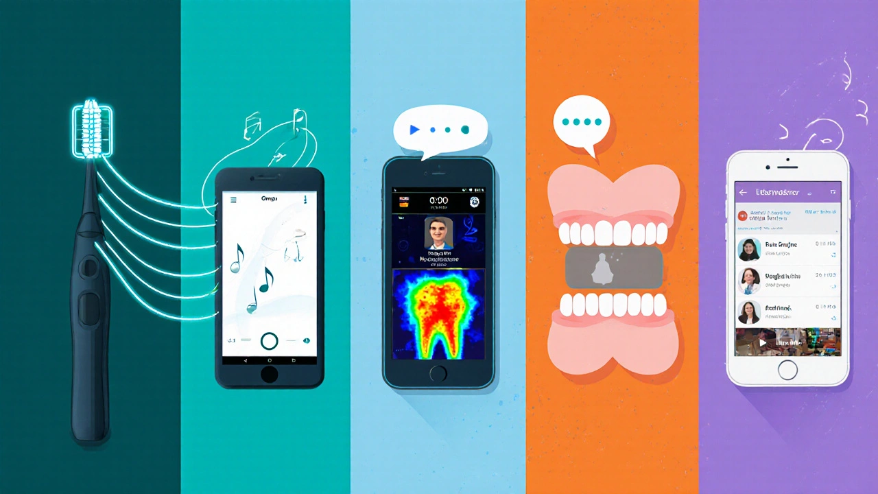 Pět scén ukazujících různé funkce aplikací pro dentální hygienu na mobilních telefonech.