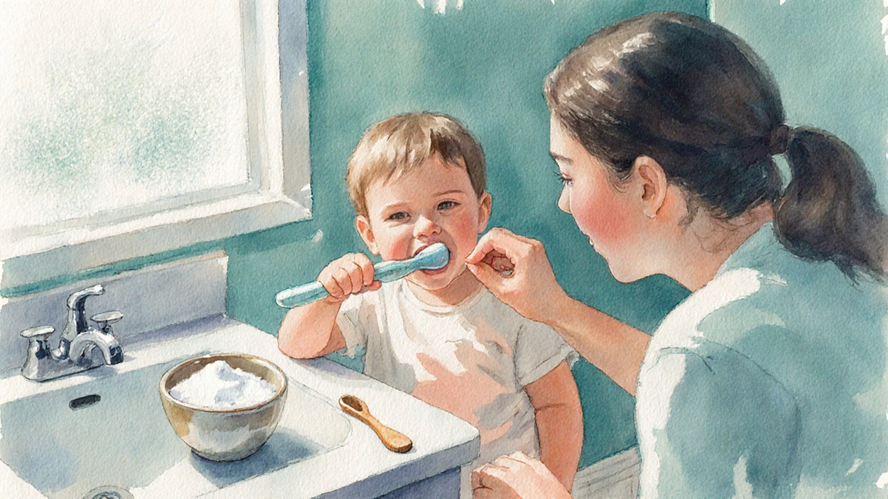 Rodič jemně čistí zuby dítěte, vedle misky s pastou z jedlé sody, ve vodové akvarelové stylu.