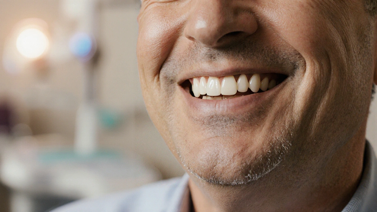 Spokojený pacient s bílou zirkonovou korunkou a zubním implantátem, usmívá se.