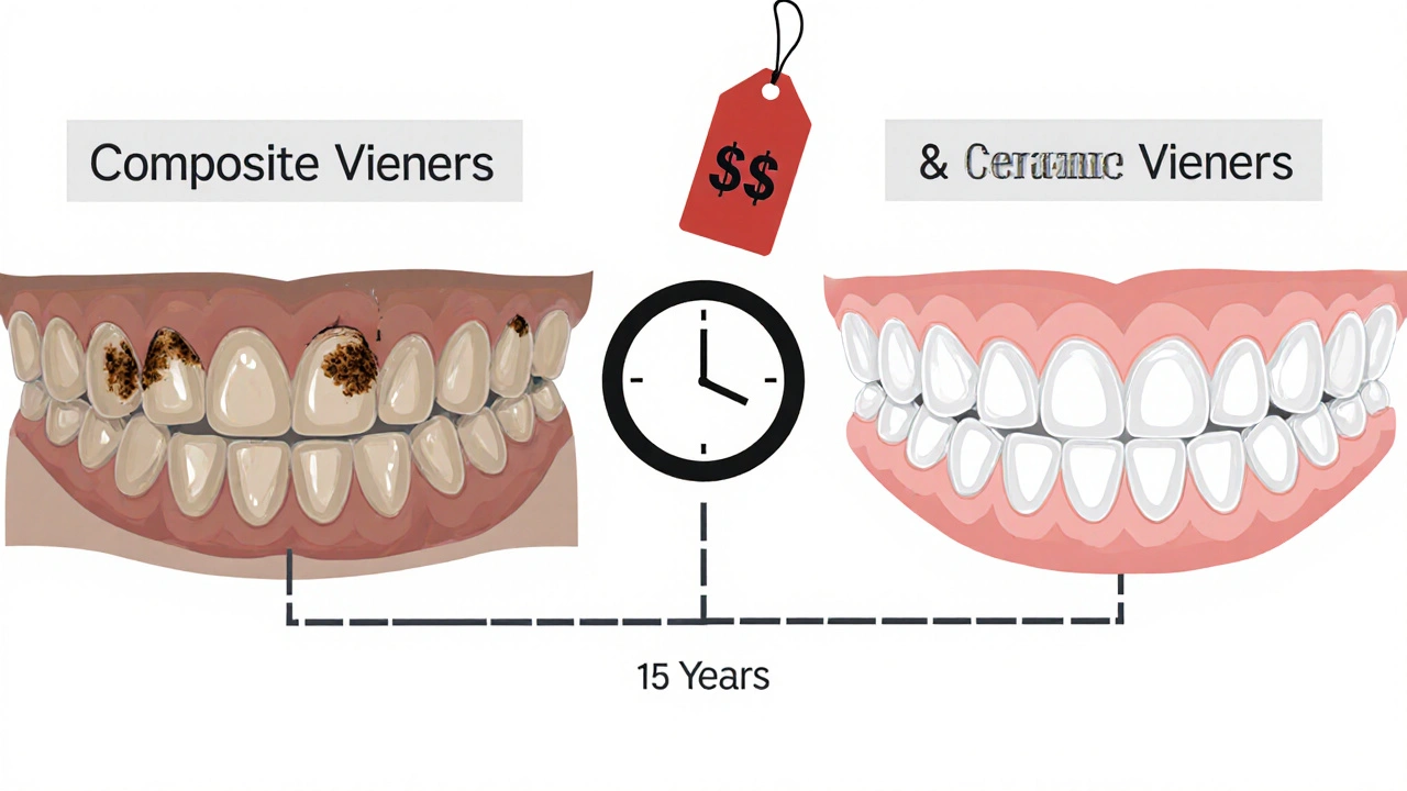 Timeline comparison: fading composite veneers versus lasting ceramic veneers with cost symbols.