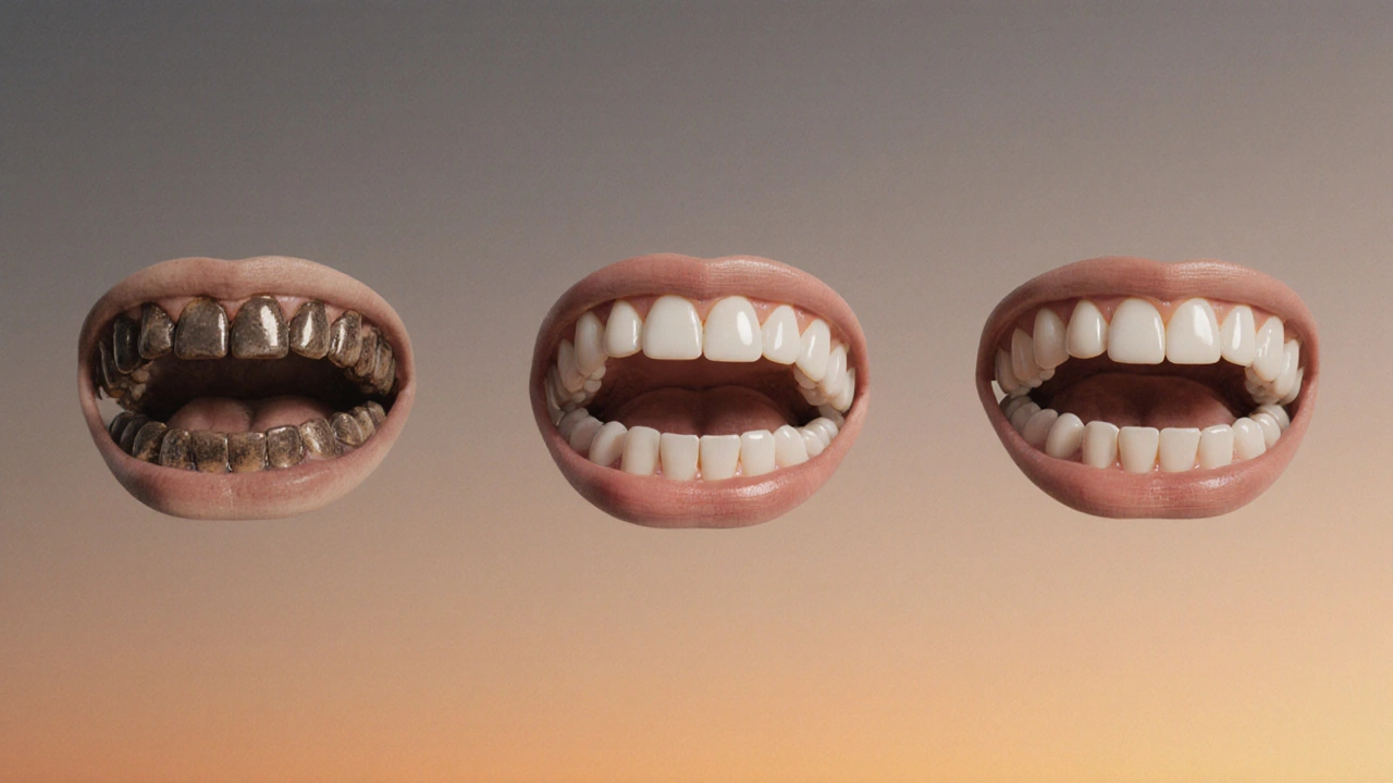 Tři páry zubů: poškozené, mezery a dokonalé fazety – symbolický přechod.