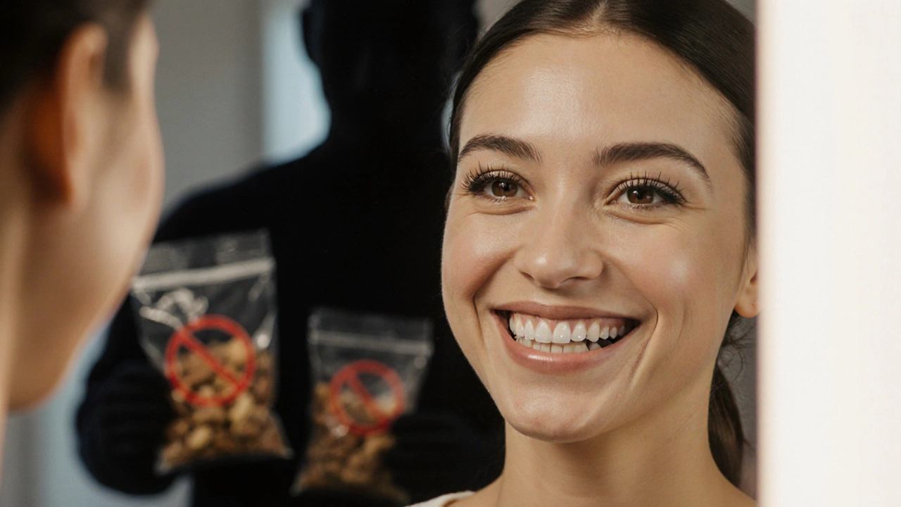 Woman smiling with slightly damaged composite veneers, shadow of harmful habits in mirror reflection.