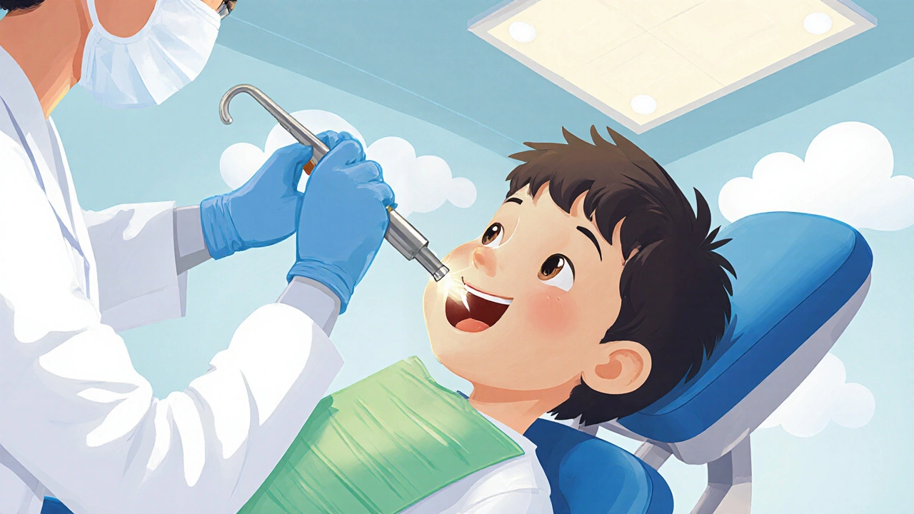 Zubař používá ultrazvukový skaler na dítě v přátelské pediatrické ordinaci.