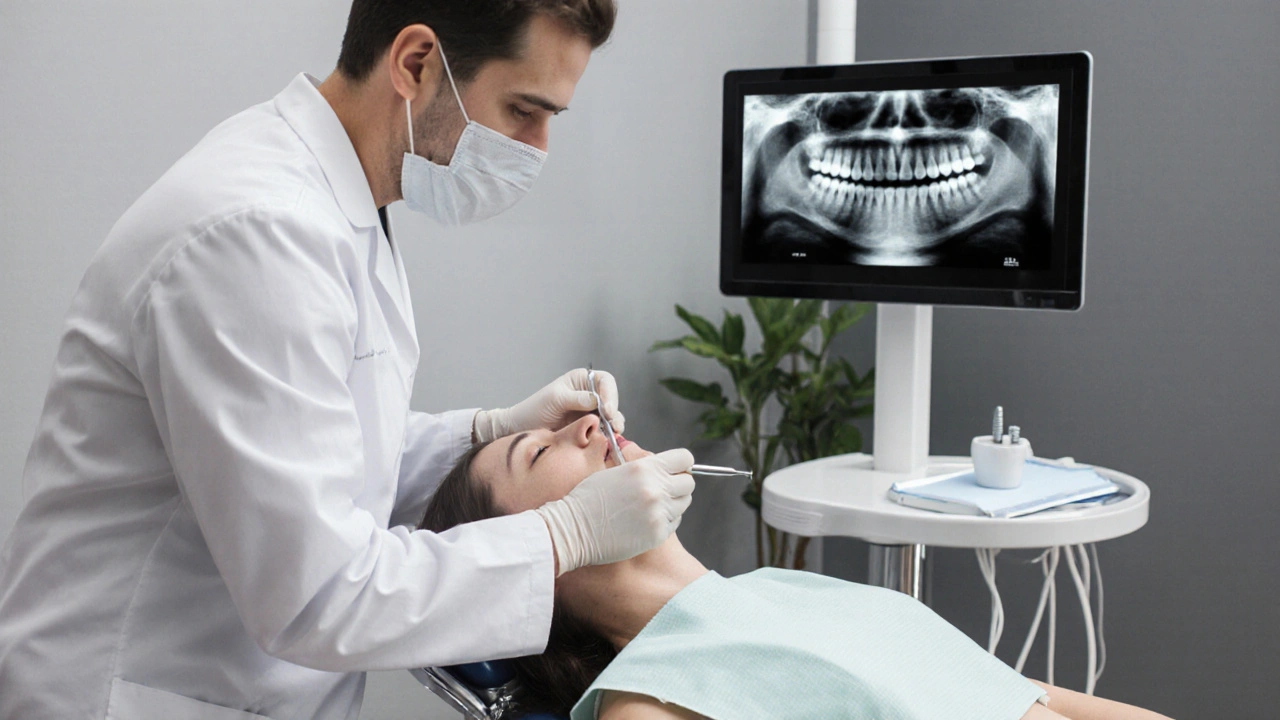 Zubař provádí sondování a kontrolu rentgenu u implantátu.