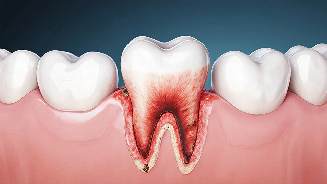 Anatomický náčrt čelisti s částečně vyrůstajícím osmým zubem šikmo tlačícím na sedmý zub.