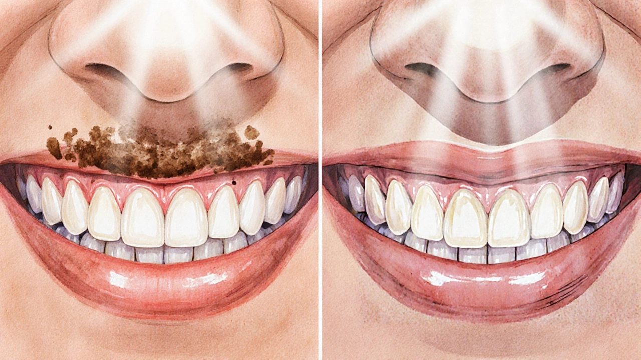 Before and after view of teeth with surface stains versus gently whitened appearance.