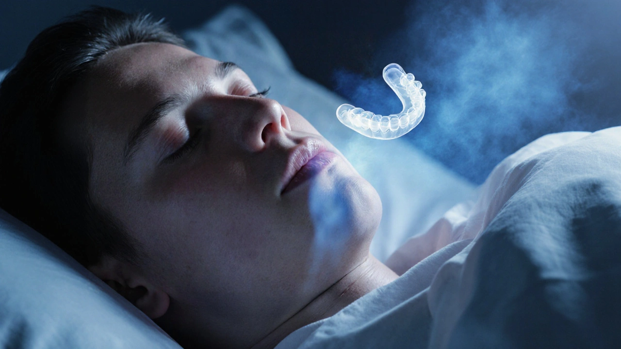 Člověk spící s otevřenými ústy, s náznakem ústního dýchání a zdravotních důsledků.