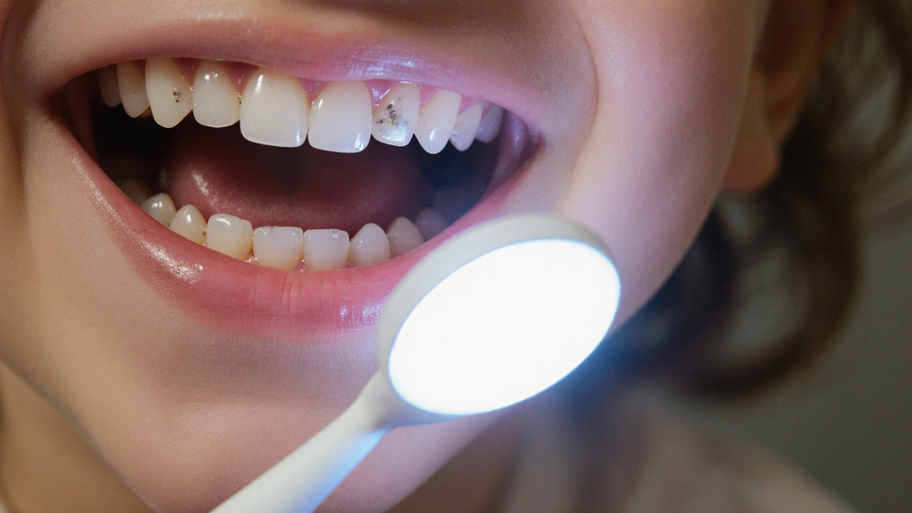 Detailní pohled na dětské zuby s prvními příznaky kariésu, osvětlené dentálním zrcátkem s LED.