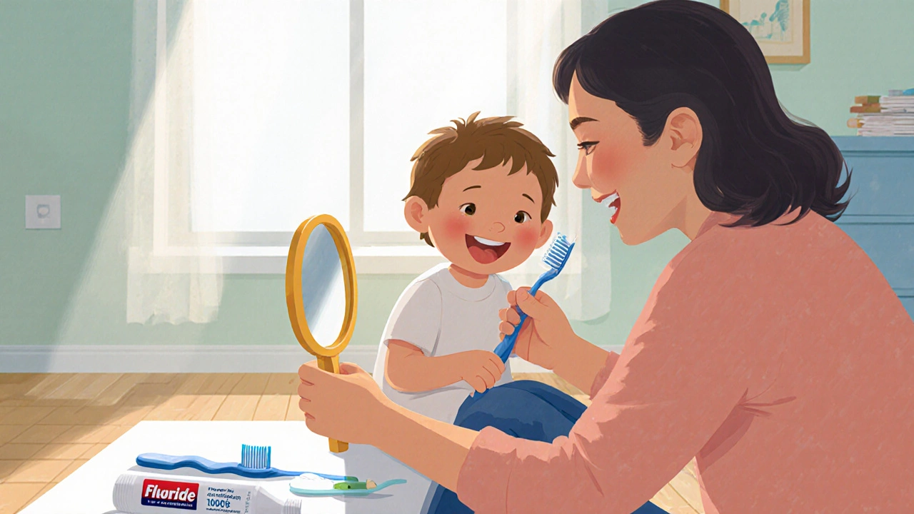 Dítě hraje s dentálním zrcátkem jako s hračkou, zatímco rodič ho jemně vede k prohlídce zubů.