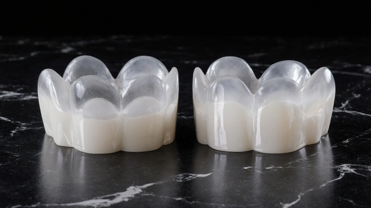 Dvě keramické korunky vedle sebe: jedna základní, druhá s vysokou průhledností a přirozeným vzhledem.