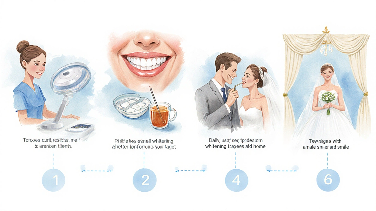 Ilustrace čtyř kroků bělení zubů před svatbou: vyšetření, profesionální bělení, domácí péče a výsledek na oltáři.