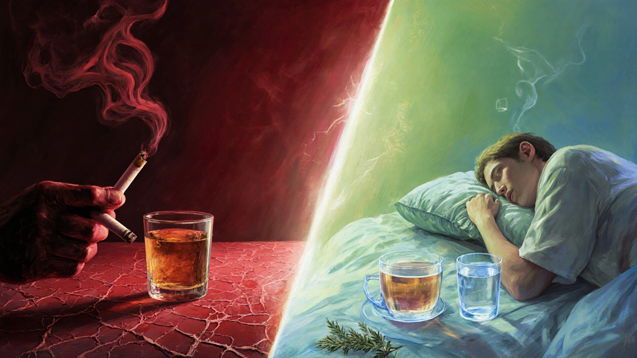 Konceptuální obraz: levá strana znázorňuje kouření a alkohol, pravá strana klid a hojení.