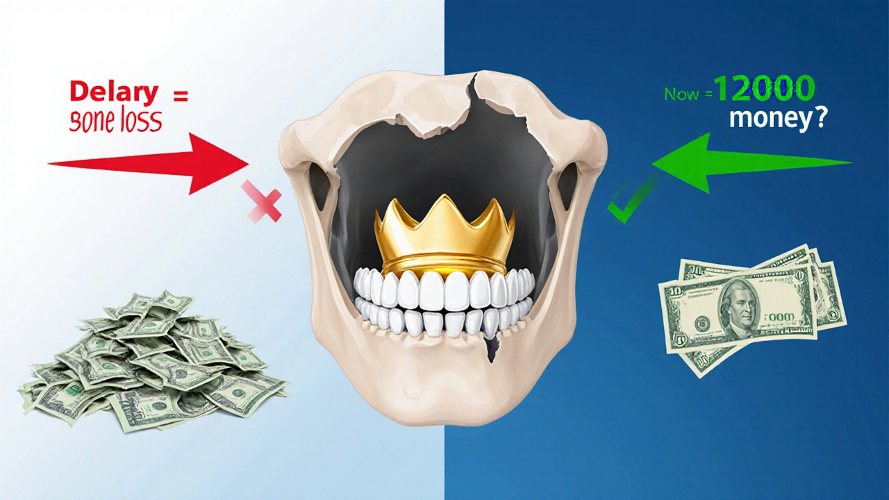 Konceptuální obrázek chybějícího zubu a rozpadající se kosti s keramickou korunkou jako řešením.