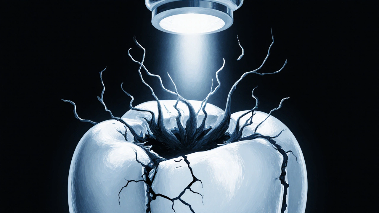 Konceptuální obrázek skrytého kazu pod plombou jako temné propadání.