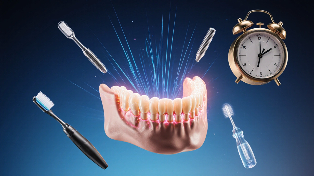 Kostní struktura s implantáty a nástroji pro péči o chrup.