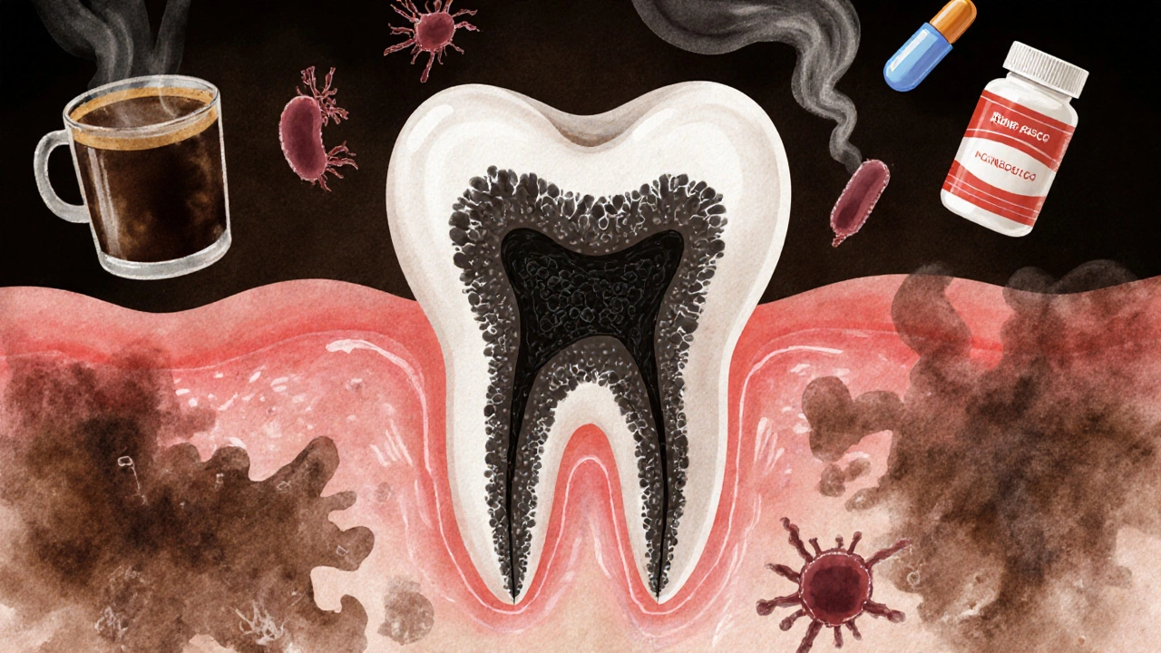 Křížový řez zubu s kalcifikovaným plakem a příčinami černého kamene