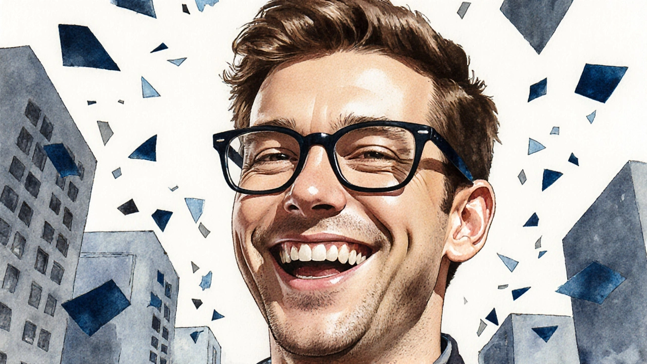 Muž v černých brýlích se smíchem ukazujícím mezeru mezi zuby, kolem něj se rozbíjejí očekávání společnosti.
