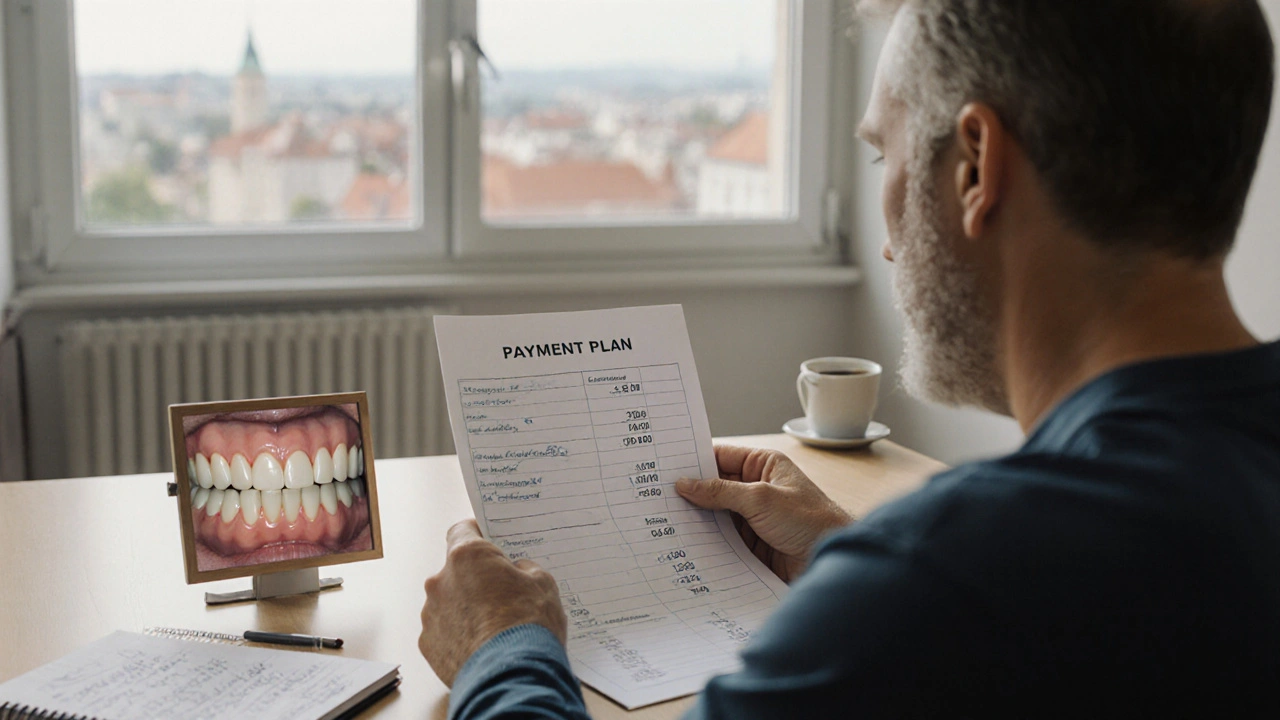 Muž v domácím prostředí prohlíží splátkový plán pro keramický zub s viditelnou korunkou v zrcátku.
