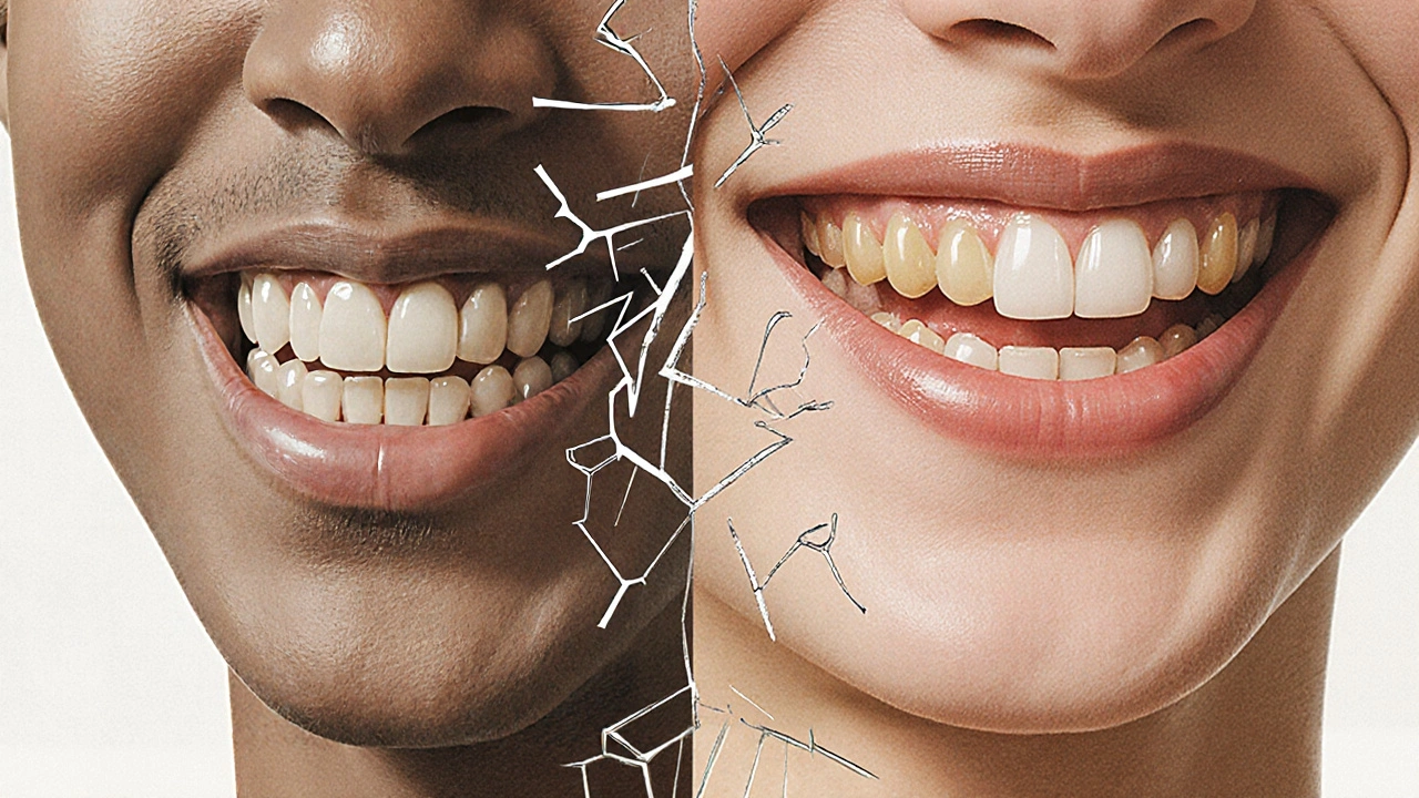 Nesprávný předkus s vysunutými horními řezáky, kontrastující s vyváženým úsměvem.