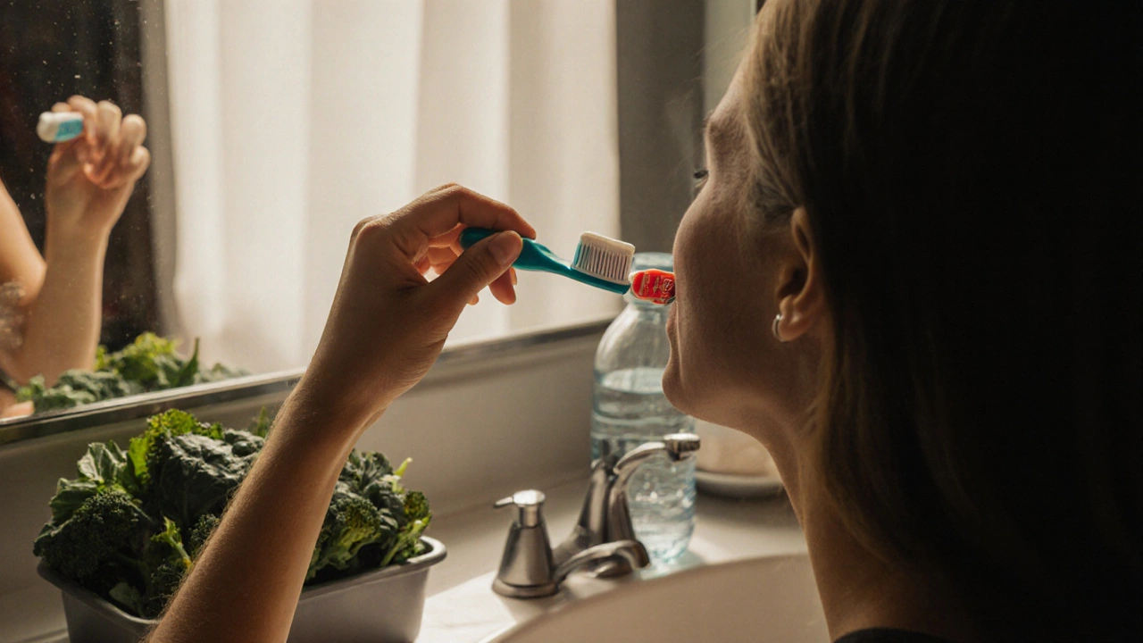 Osoba čistí zuby měkkým kartáčkem s fluoridovou pastou, na pozadí zelená zelenina.