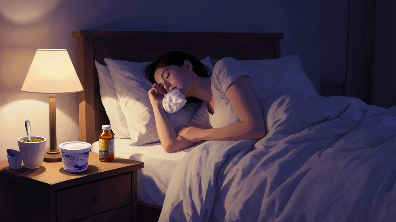 Osoba v posteli s chladící sáčkem na tváři a připravenými potravinami pro hojení.