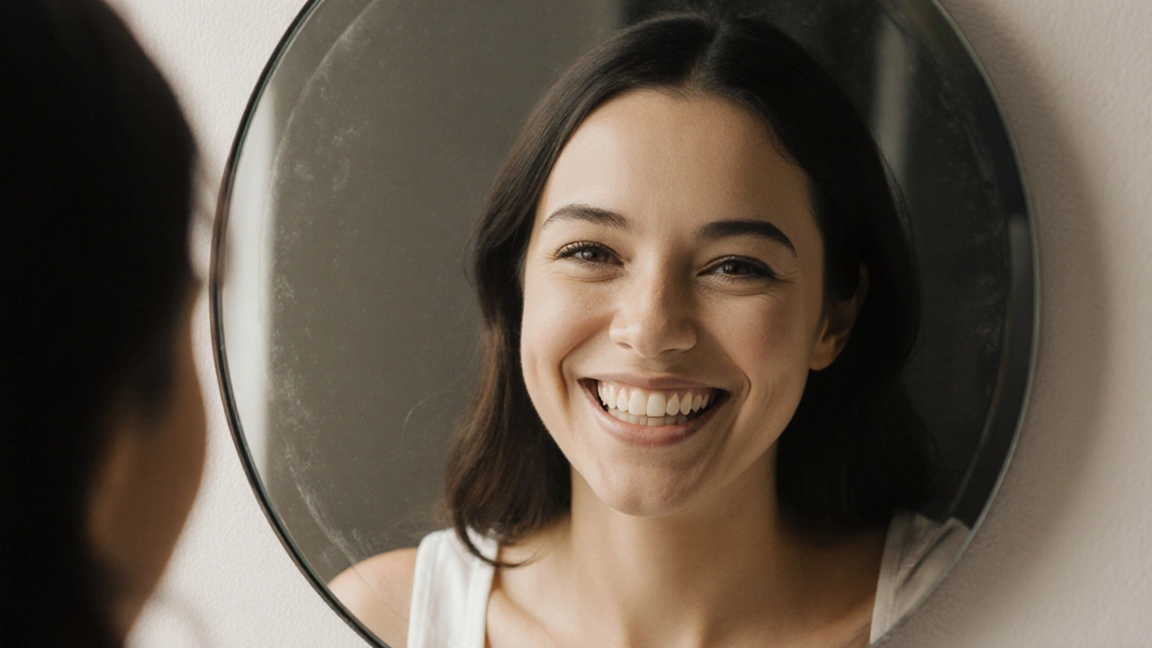Person smiling confidently in front of a mirror, showing newly placed porcelain veneers.