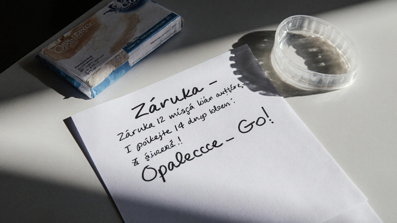 Písemná záruka na plombu vedle domácího bělícího systému na stolku v zubní klinice.