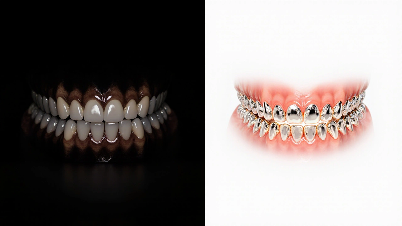 Porovnání tmavých zubů a zirkoniových korunek vedle sebe.