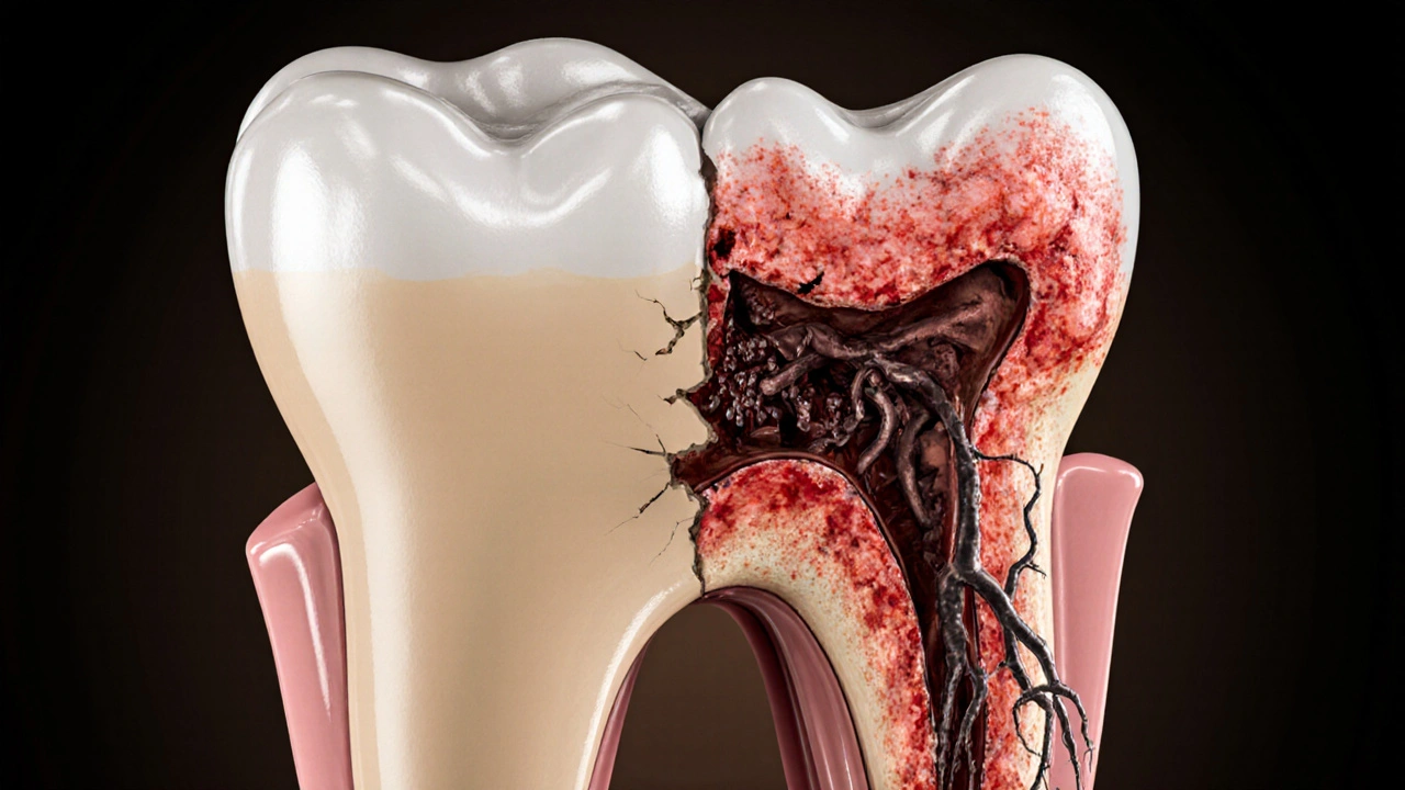 Porovnání zdravého a poškozeného zubního kořene s bakteriemi.