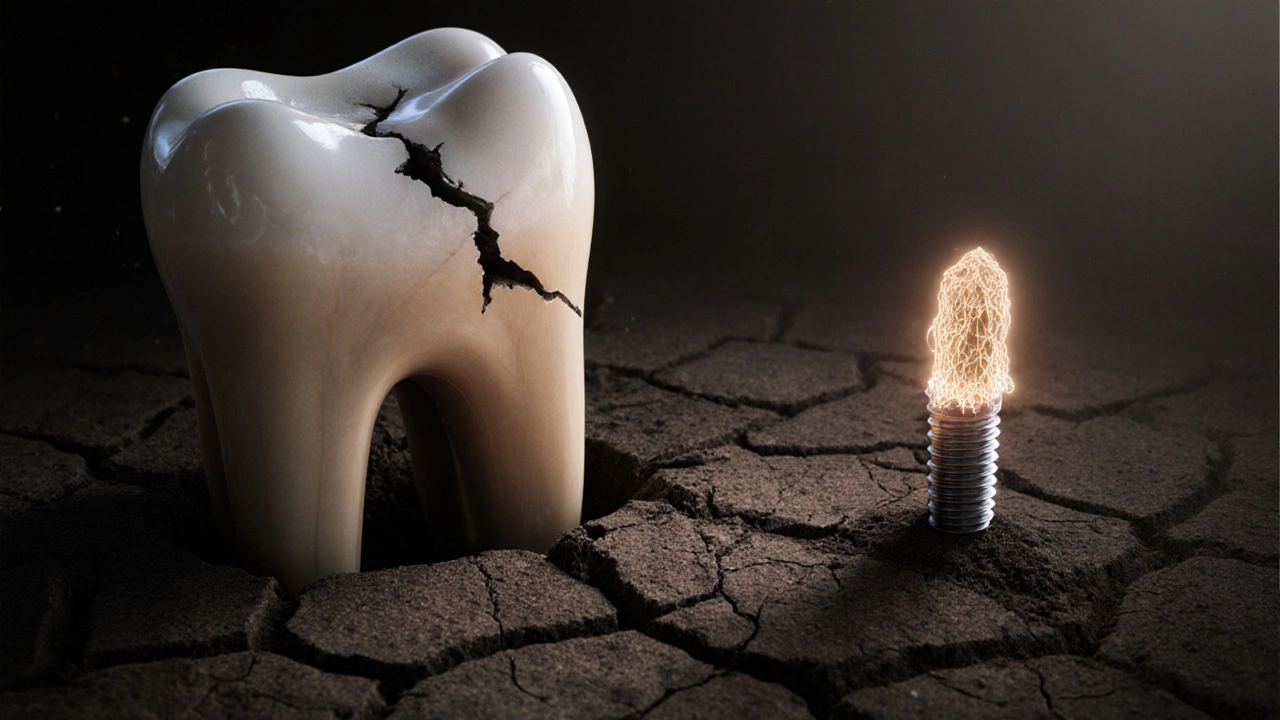 Poškozený kořen zubu a implantát, který zachraňuje čelistní kost