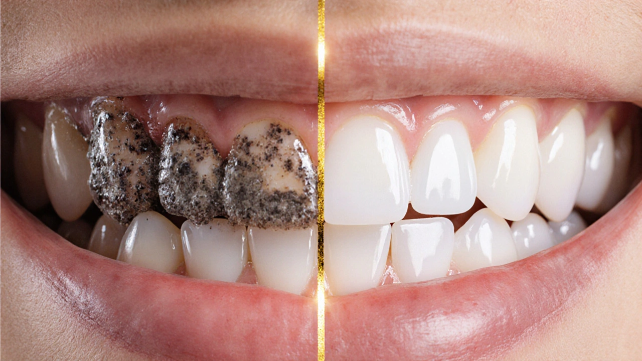 Před a po ultrazvukovém čištění: zub s kamenem a zánětem proti hladkému, zdravému zubu.