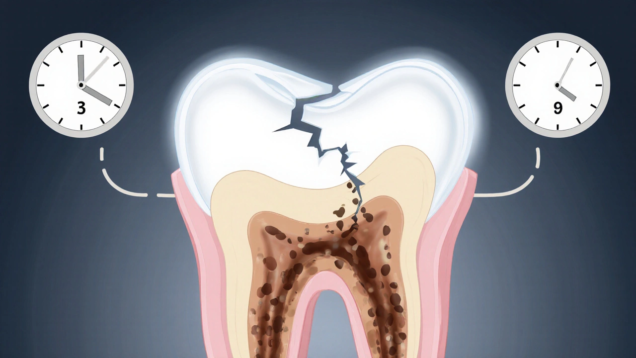 Příčný řez zubu s tmavými skvrnami pod plombou a hodinami ukazujícími časový interval po bělení.