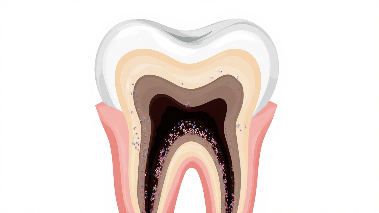 Průřez zubu s viditelným kazem pod plombou a bakteriemi.