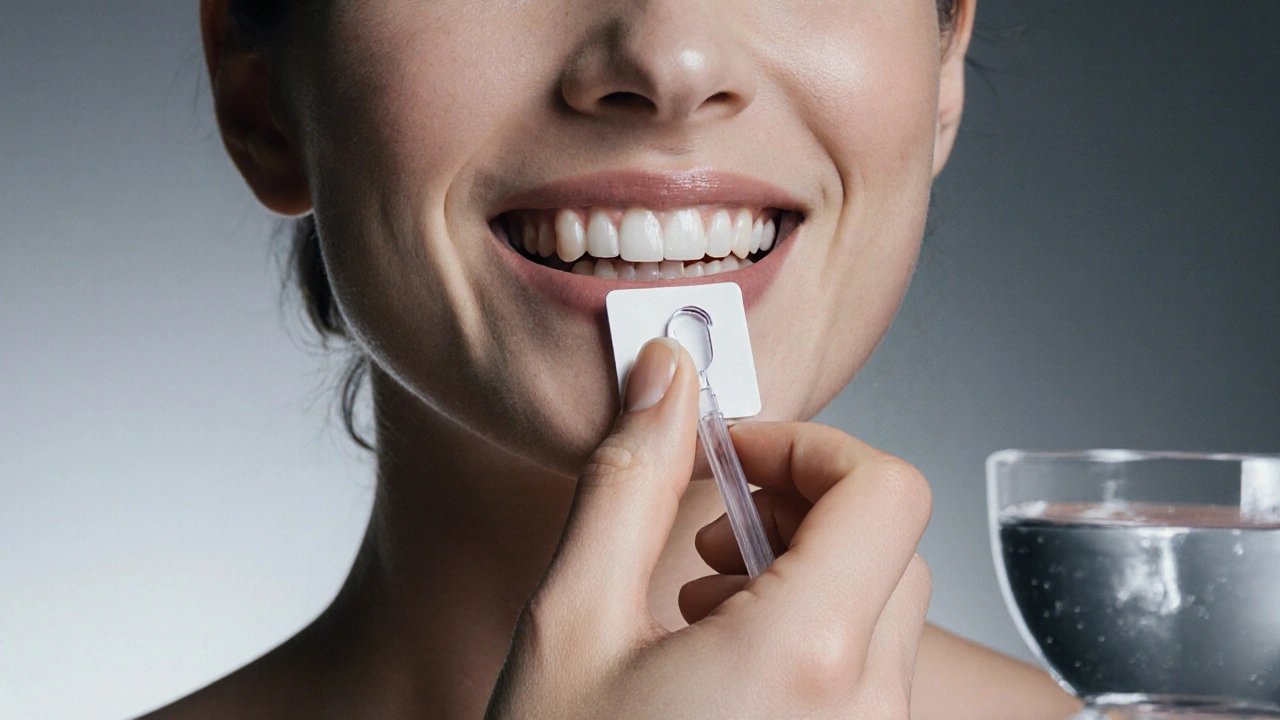 Ruka přikládá zubní náklejku na zuby pomocí malého nástroje, v pozadí voda a čisté zuby.