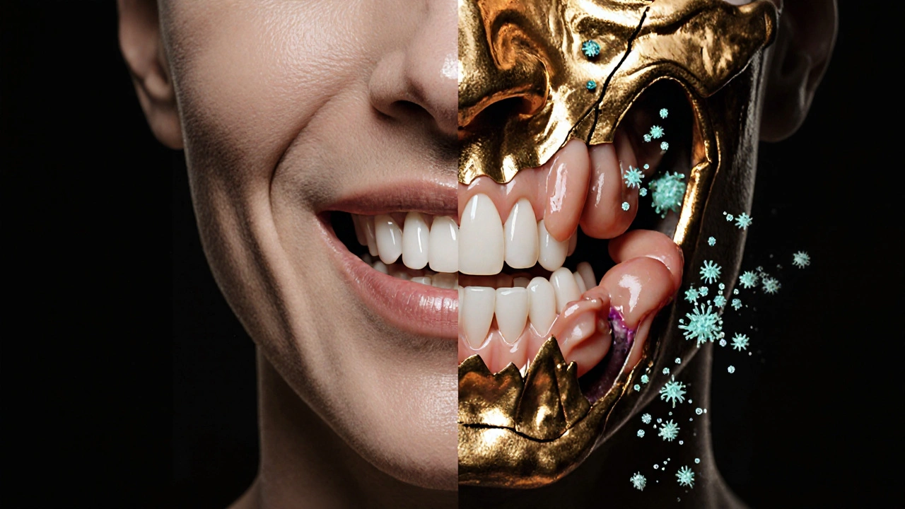 Symbolický obraz obličeje rozděleného na zdravou a nemocnou stranu s vyrůstajícím osmým zubem.