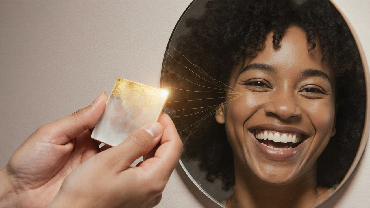 Tenký keramický veneer vedle zrcadla, které odrazí zářivý úsměv.