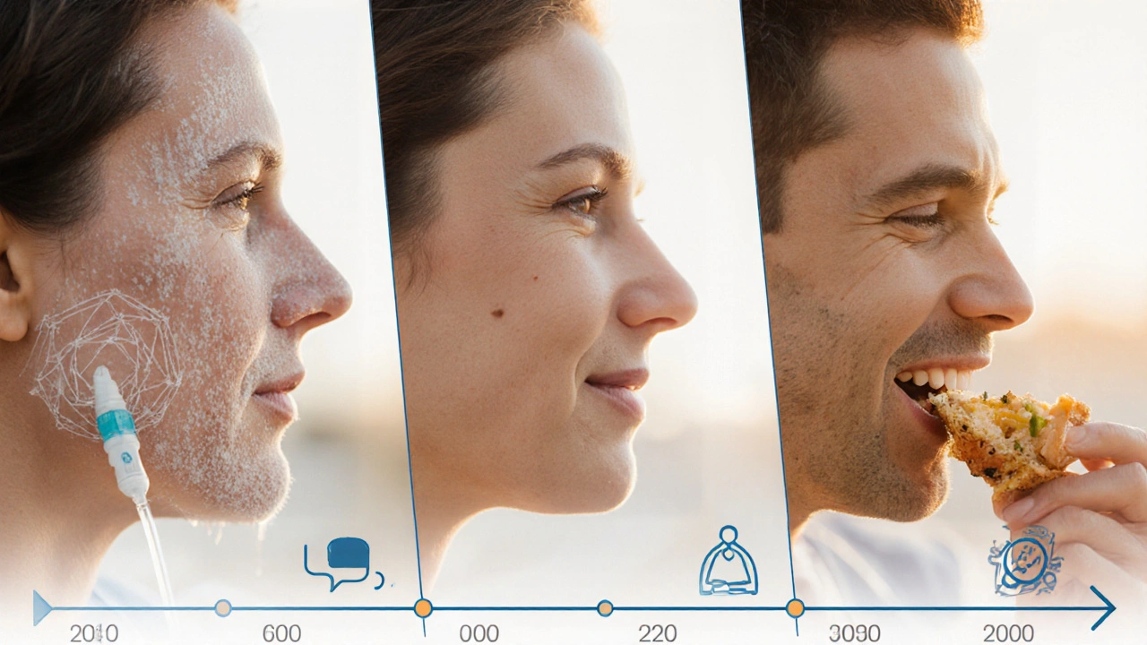 Tříčástný přehled hojení pacienta po maxilofaciální operaci od otoku k obnově funkce.