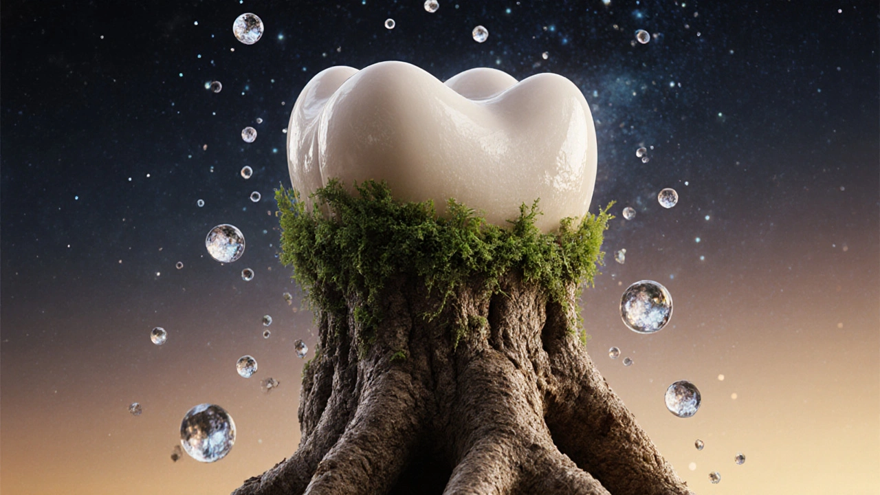 Trvalá stolička jako strom s ochranným těsněním rostoucí z čelisti pod hvězdnou oblohou.