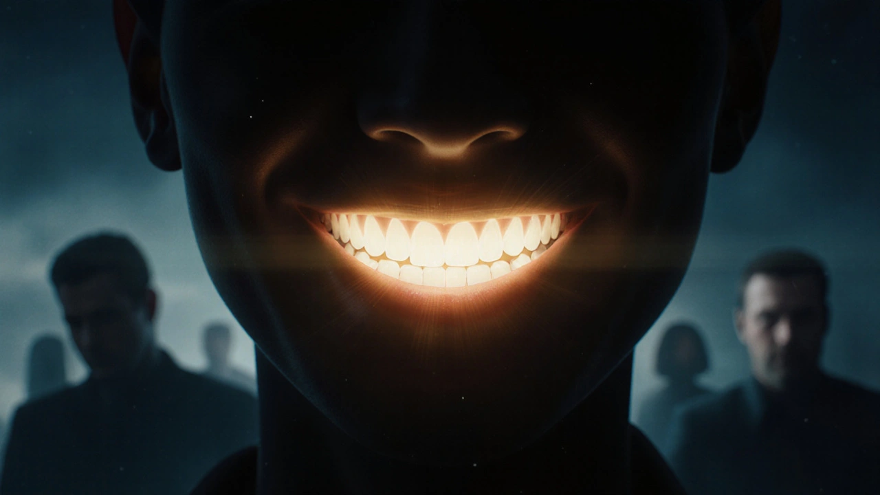 Úsměv s mezerou mezi zuby jako zářící osobní znak v temnotě, symbol autenticity.