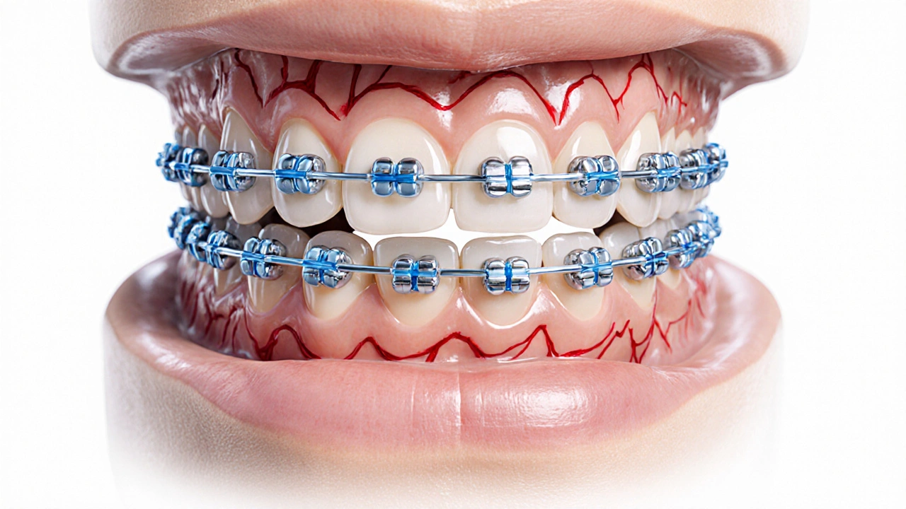 Vnitřní pohled na fixní rovnátka s drátem posouvajícím zub do správné polohy.